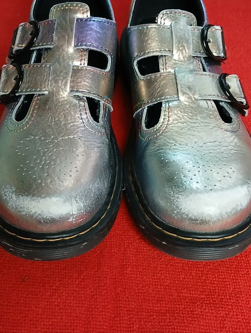 Dr. Martens Kids Iridescent Silver Double-Strap Mary Jane Shoes